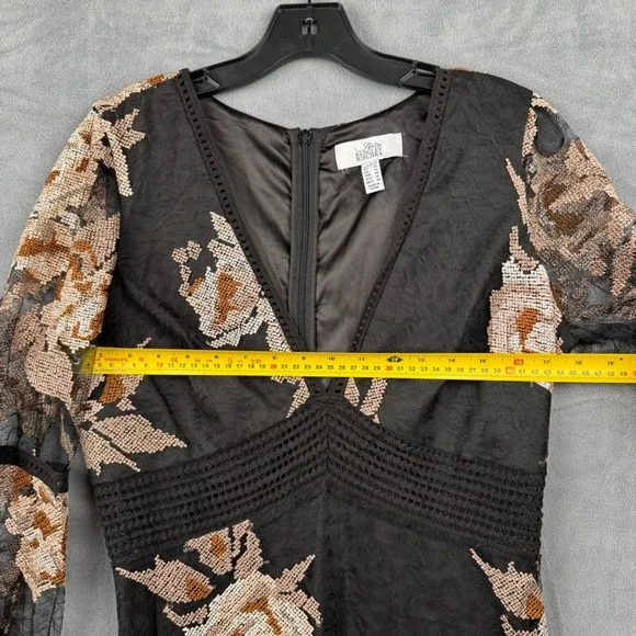 Belle Badgley Mischka Black Floral Lace Dress US 10 Long Sleeve Party Cocktail Belle Badgley Mischka Black Floral Lace Dress US 10 Long Sleeve Party Cocktail